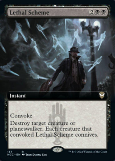 The Magic: The Gathering card called "Lethal Scheme (Extended Art)" from the Streets of New Capenna Commander set is a rare instant spell with a mana cost of 2 generic and 2 black mana. This spell features the 'Convoke' ability, allowing creatures to assist in casting it. When cast, it destroys a target creature or planeswalker, and the creatures that helped cast it will connive. The artwork for this card is by Tuan Duong Chu.