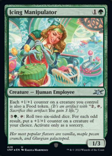 The Magic: The Gathering card "Icing Manipulator (Galaxy Foil) [Unfinity]" is displayed. It costs one green and one generic mana to play, and it's a 1/3 Creature — Human Employee. The card features abilities related to +1/+1 counters and Food tokens, with art depicting a cheerful woman holding a tray of magical desserts.