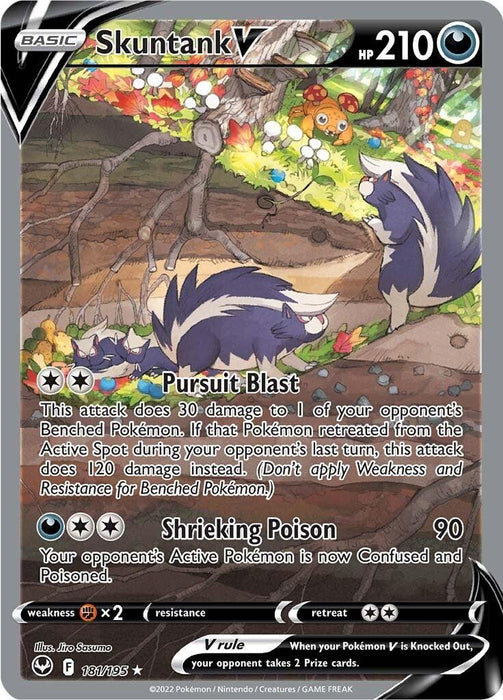 A Pokémon trading card featuring Skuntank V (181/195) [Sword & Shield: Silver Tempest] from the Pokémon series. The Ultra Rare card showcases Skuntank V with 210 HP against a dark and earthy background. It has two attacks: Pursuit Blast (30 damage) and Shrieking Poison (90 damage). Numbered 181/195, it boasts a black and silver "Basic" label.