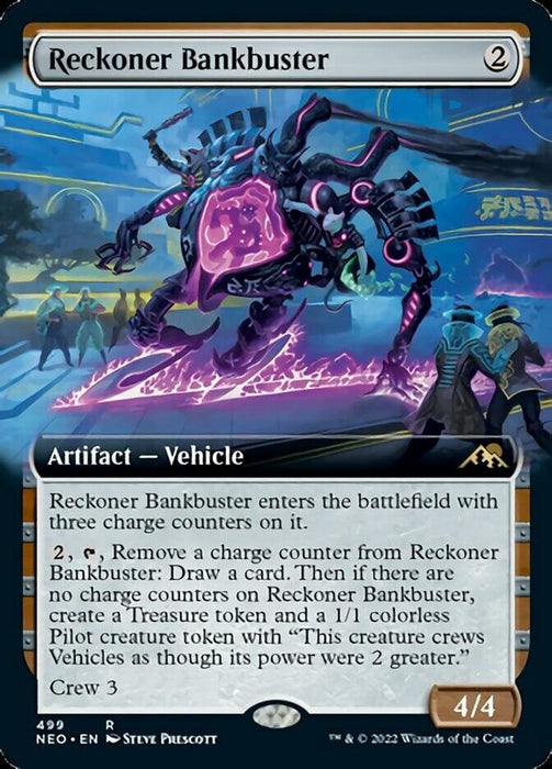 A Magic: The Gathering card titled "Reckoner Bankbuster (Extended Art) [Kamigawa: Neon Dynasty]." This Artifact — Vehicle with a mana cost of 2 features artwork of a mechanical creature with glowing purple elements. Its abilities include charge counters, drawing cards, creating tokens, and a crew requirement of 3.