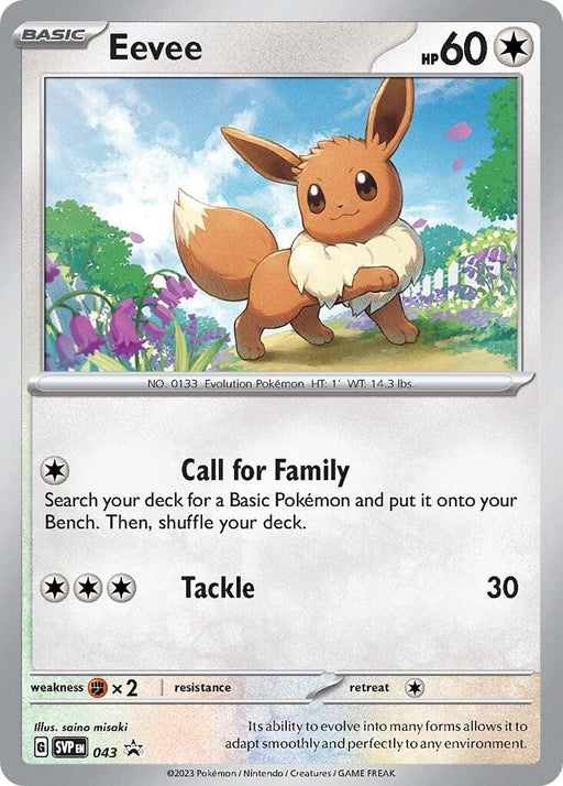 A Pokémon trading card featuring Eevee, a small fox-like creature with brown fur, a bushy tail, and large ears. The card details include Eevee's HP of 60, two moves: "Call for Family" and "Tackle," and Eevee standing in a grassy field under a blue sky. Part of the Scarlet & Violet: Black Star Promos series by Pokémon, the art is illustrated by sano mis.