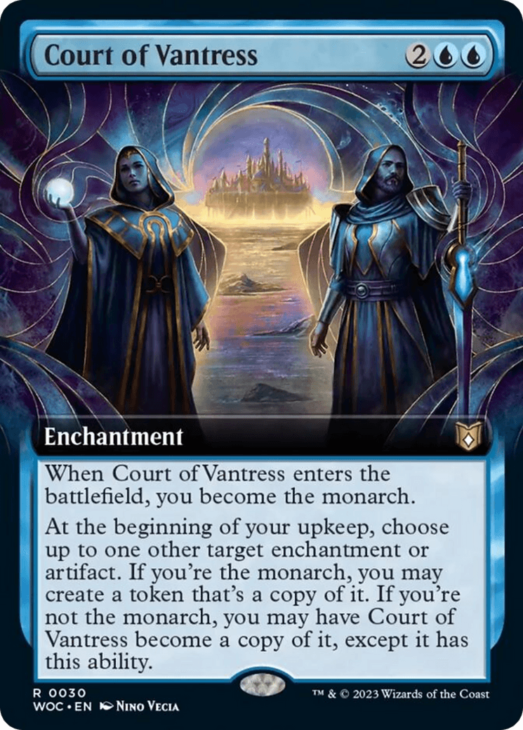 Artwork showing two robed figures in a mystical, glowing setting, with an ornate archway opening to a serene, luminescent landscape. A text box below explains the card's abilities: upon entering the battlefield in the Court of Vantress (Extended Art) [Wilds of Eldraine Commander], you become the monarch and can copy target enchantments or artifacts during your upkeep. This enchanting addition to Magic: The Gathering seamlessly blends strategy and storytelling.