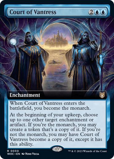 Artwork showing two robed figures in a mystical, glowing setting, with an ornate archway opening to a serene, luminescent landscape. A text box below explains the card's abilities: upon entering the battlefield in the Court of Vantress (Extended Art) [Wilds of Eldraine Commander], you become the monarch and can copy target enchantments or artifacts during your upkeep. This enchanting addition to Magic: The Gathering seamlessly blends strategy and storytelling.