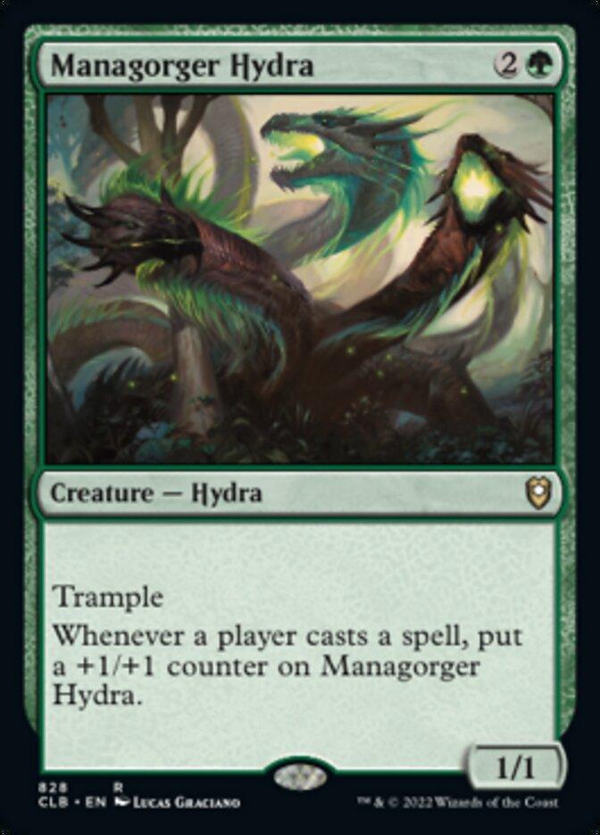 The image is of a Magic: The Gathering card titled Managorger Hydra [Commander Legends: Battle for Baldur's Gate]. The card costs two colorless mana and one green mana to cast. Its artwork depicts a multi-headed hydra with glowing green eyes and sharp teeth. It has trample and gains a +1/+1 counter whenever a player casts a spell, with base