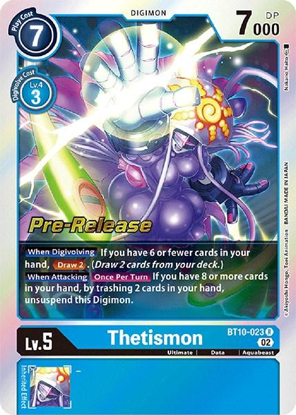 An image of a Digimon Rare trading card titled "Thetismon [BT10-023] [Xros Encounter Pre-Release Cards]." The card features a powerful Aquabeast Digimon with an extended, glowing hand. It includes attributes such as a cost of 7, level 5, and 7000 DP. Special abilities detailed are drawing cards and unsuspending this Digimon under certain conditions. The card is marked "Digimon.