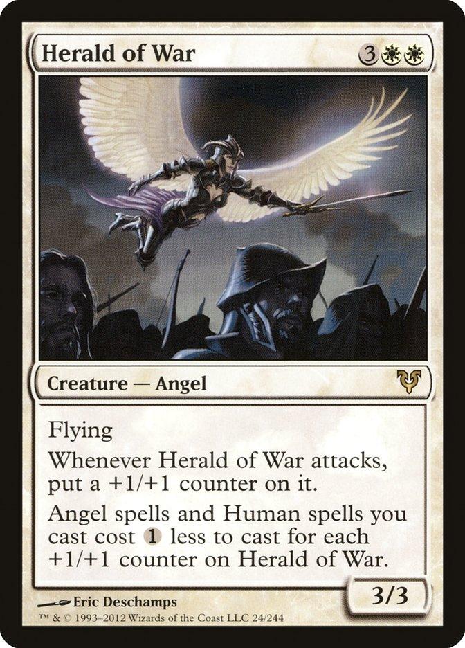 The "Herald of War" card from Magic: The Gathering's Avacyn Restored set features a mystical angelic warrior clad in gleaming armor and helmet, brandishing a sword with glowing wings. It possesses flying abilities, requires 3 white mana to summon, and includes effects related to +1/+1 counters, with a power and toughness of 3/3.