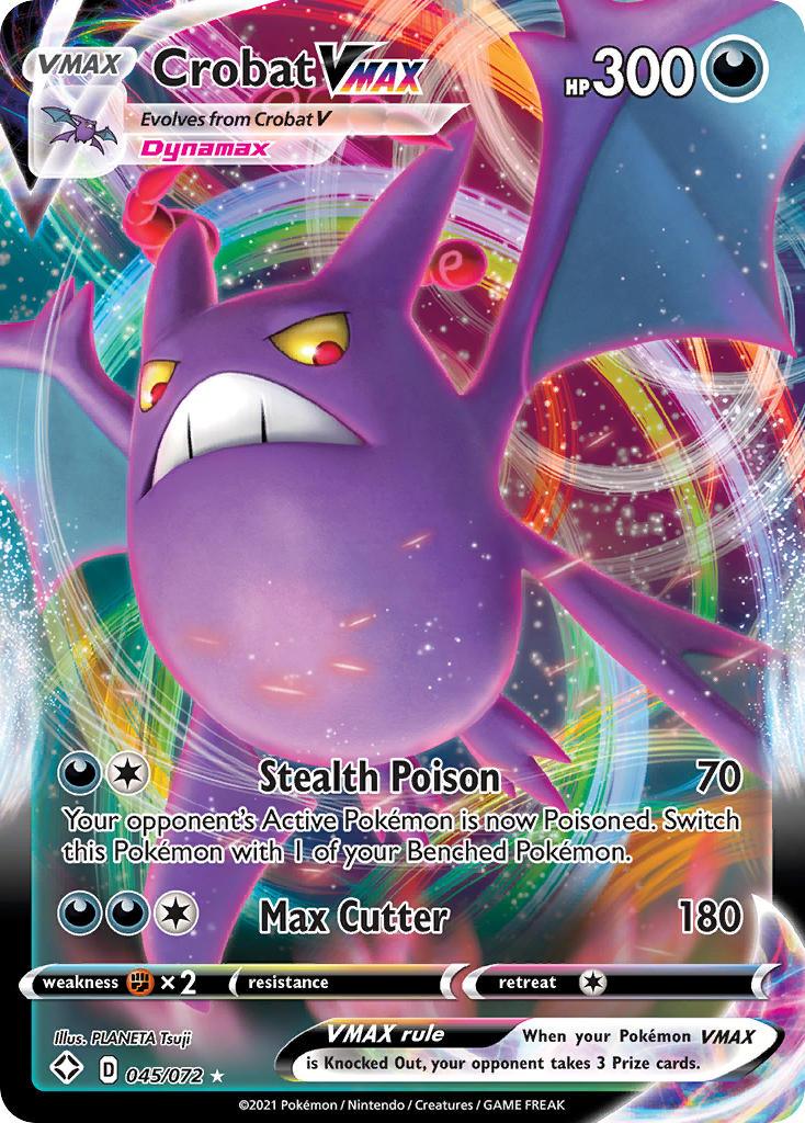 A Pokémon Crobat VMAX (045/072) [Sword & Shield: Shining Fates] featuring Crobat VMAX with 300 HP from the Sword & Shield Shining Fates set. The Ultra Rare card's art depicts a dynamically colored Crobat with sharp pink wings and a fierce expression from the Pokémon brand. It includes attacks Stealth Poison (70 damage) and Max Cutter (180 damage). Dynamax label, marked 045/072.