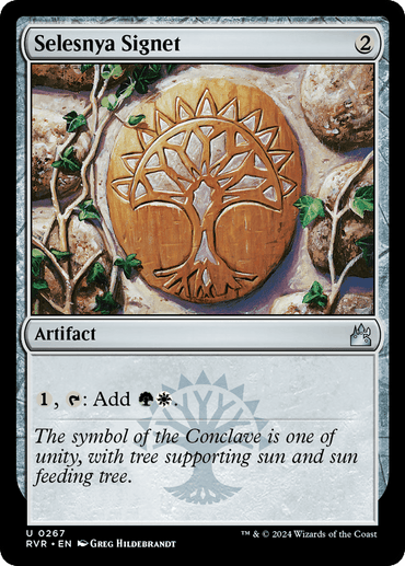 A Magic: The Gathering product titled "Selesnya Signet [Ravnica Remastered]," an Uncommon artifact from Ravnica Remastered. It features a wooden artifact with an intricate tree symbol made of interwoven branches and leaves. The text below reads "1, T: Add GW." The flavor text highlights unity and the tree's representation of sun support and feeding.