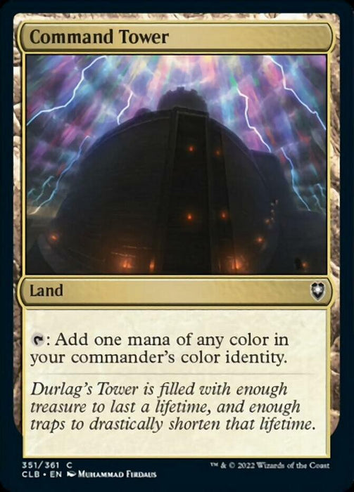 The image depicts a Magic: The Gathering card named "Command Tower [Commander Legends: Battle for Baldur's Gate]" from the set. It is a land card with the ability to add one mana of any color matching your commander's color identity. The artwork resembles Durlag's Tower, with lightning and magical energy in the stormy sky above.