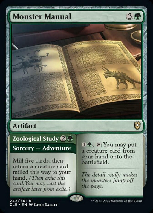 A Magic: The Gathering card titled "Monster Manual // Zoological Study [Commander Legends: Battle for Baldur's Gate]." This Artifact — Adventure showcases an open book with creature illustrations, costs 3G, and includes the adventure "Zoological Study" for 2G. It allows milling cards and returning creatures to the battlefield.