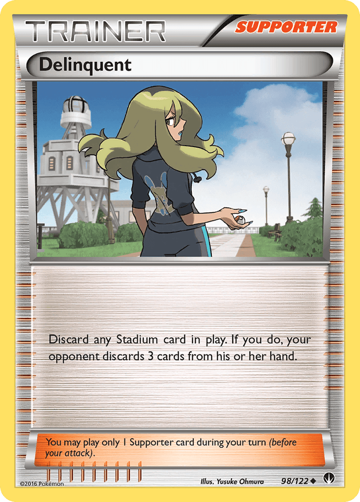 The image showcases an uncommon Pokémon Trainer Supporter card named "Delinquent (98/122) [XY: BREAKpoint]" from the Pokémon series. The card features a woman with long, light green hair standing on a pathway with a lighthouse in the background. The text states, "Discard any Stadium card in play. If you do, your opponent discards 3 cards from their hand.