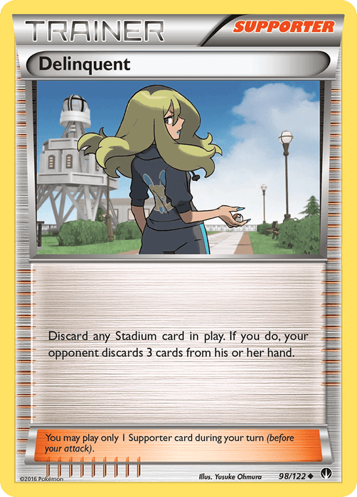 The image showcases an uncommon Pokémon Trainer Supporter card named "Delinquent (98/122) [XY: BREAKpoint]" from the Pokémon series. The card features a woman with long, light green hair standing on a pathway with a lighthouse in the background. The text states, "Discard any Stadium card in play. If you do, your opponent discards 3 cards from their hand.