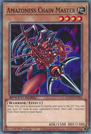 The image features the Yu-Gi-Oh! card "Amazoness Chain Master [SGX3-END05] Common," a striking Effect Monster from the Duelists of Shadows collection. This fierce warrior woman, bound in chains, has 1500 attack and 1300 defense stats. As an Earth attribute card, she can pay 1500 LP to manipulate your opponent's hand in Speed Duel GX.