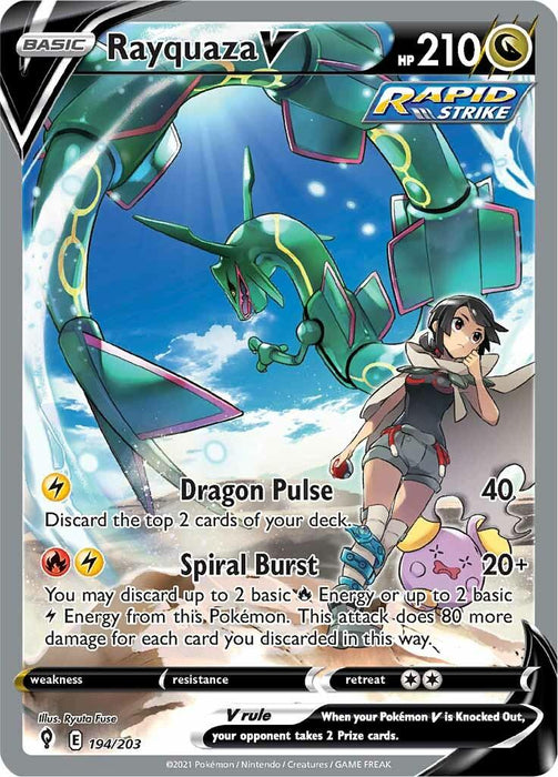 A Pokémon trading card for Rayquaza V (194/203) [Sword & Shield: Evolving Skies] by Pokémon. Rayquaza, a green dragon Pokémon, is depicted flying in the sky with a young trainer by its side. This Ultra Rare card details its dragon-type moves "Dragon Pulse" and "Spiral Burst," with HP 210, and it belongs to the Evolving Skies Rapid Strike series, card number 194/203.