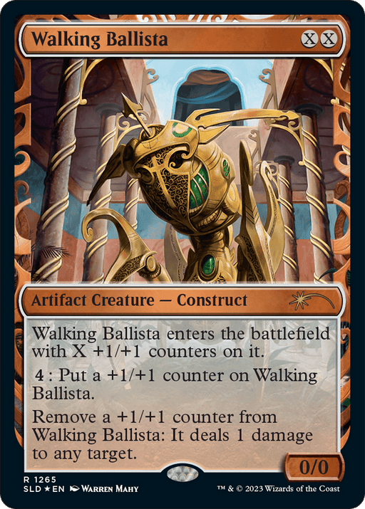 A Magic: The Gathering card titled "Walking Ballista (1265) (Halo Foil) [Secret Lair Drop Series]," an artifact creature from the Secret Lair Drop Series. This Construct, illustrated by Warren Mahy, features a gold mechanical figure amidst ancient ruins. The card text details its abilities involving +1/+1 counters and dealing damage.
