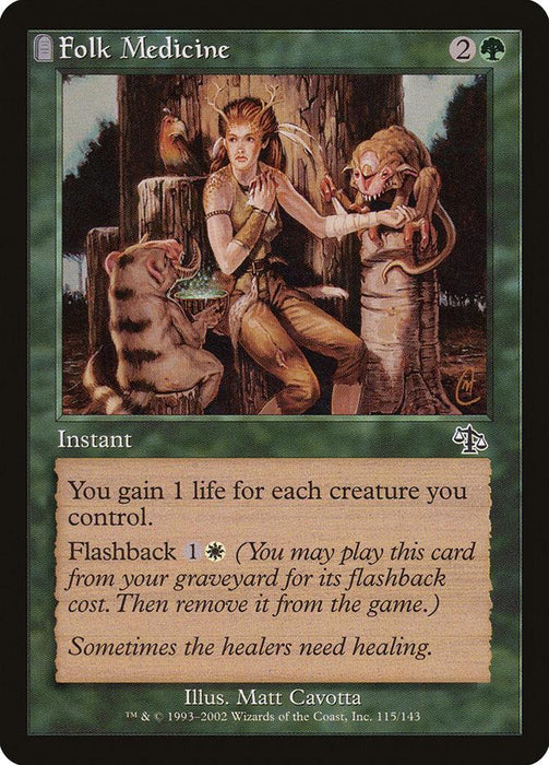 Magic: The Gathering product Folk Medicine [Judgment] features an illustration of a female healer with a fawn, squirrel, and rabbit. Text: "You gain 1 life for each creature you control. Flashback 1W. Sometimes the healers need healing." This Instant Card has a green border and a mana cost of 2G.
