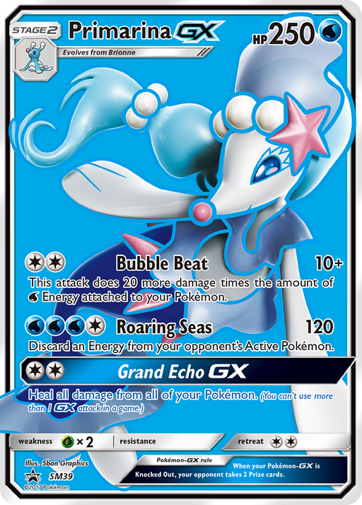 A Pokémon trading card named Primarina GX (SM39) from the Sun & Moon: Black Star Promos series. Boasting 250 HP and classified as stage 2, Primarina GX evolves from Brionne. This card features three moves: Bubble Beat, Roaring Seas, and Grand Echo GX. Illustrated by 5ban Graphics with a blue and white color theme, it showcases Primarina GX in stunning detail.