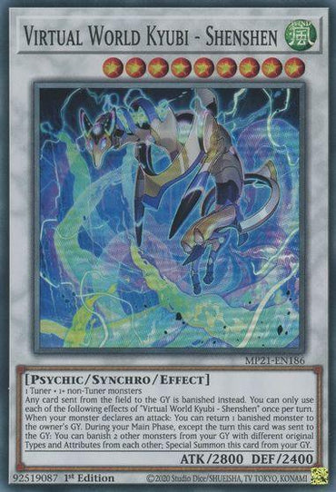 A Yu-Gi-Oh! trading card from the 2021 Tin of Ancient Battles titled "Virtual World Kyubi - Shenshen [MP21-EN186] Super Rare." It depicts a mechanical dragon with a blue and silver body, glowing yellow eyes, and sharp claws. This Psychic Synchro/Effect Monster has an ATK of 2800 and DEF of 2400, detailing its summoning requirements and special abilities.