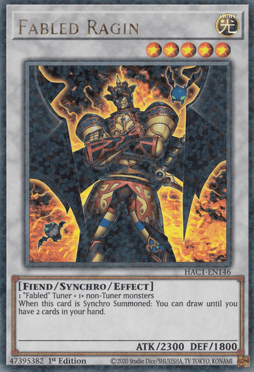 The image depicts the Yu-Gi-Oh! card "Fabled Ragin" [HAC1-EN146] from the Duel Terminal series, a Parallel Rare featuring a horned, armored demon with fiery elements against a celestial backdrop. Synchro Summoned using a Fabled Tuner Monster, it boasts ATK 2300 and DEF 1800, and its effect allows you to draw cards until you have two remaining in your hand.