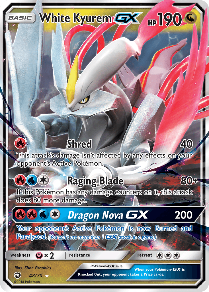 The image displays a White Kyurem GX (48/70) [Sun & Moon: Dragon Majesty] Pokémon card from the Pokémon brand with 190 HP. The card features the moves 