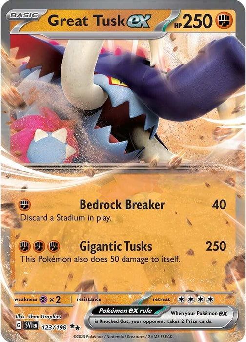 A Pokémon card of Great Tusk ex (123/198) [Scarlet & Violet: Base Set] from Pokémon. The card's border is metallic silver, showcasing a fierce mammoth-like creature in action amidst rocky terrain. Its Double Rare attacks include Bedrock Breaker (40 damage) and Gigantic Tusks (250 damage, 50 to itself). It has 250 HP, a Grass weakness, and a retreat cost of