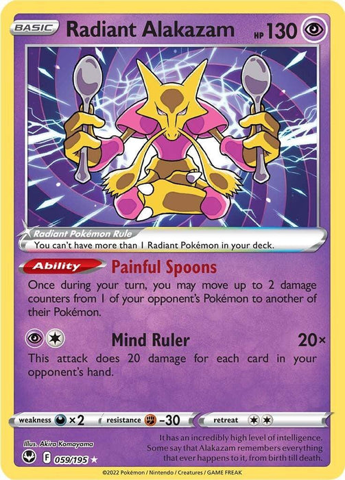 A Radiant Alakazam (059/195) [Sword & Shield: Silver Tempest] from the Pokémon series, psychic type with 130 HP. Alakazam is central, holding spoons. It has the ability "Painful Spoons" and the move "Mind Ruler." Weakness is dark type, resistance is fighting type, and retreat cost is 2 energy. Text at the bottom praises its mental abilities.