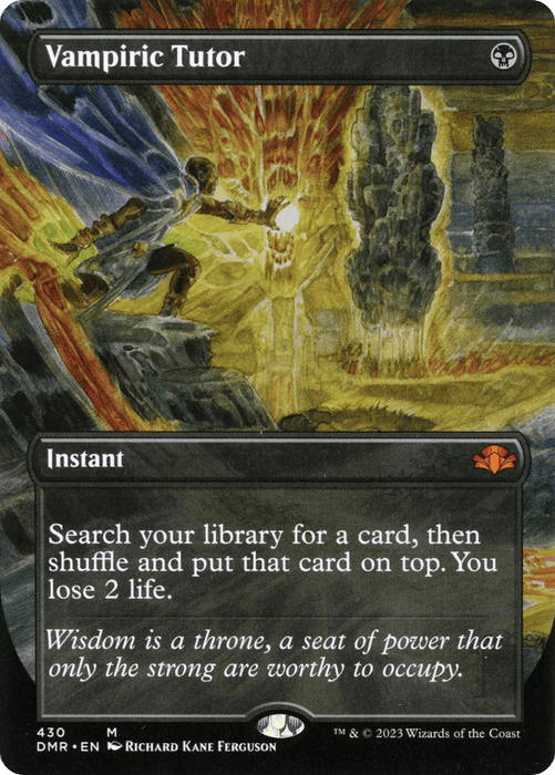 A card titled "Vampiric Tutor (Borderless Alternate Art) [Dominaria Remastered]" from the Magic: The Gathering game, part of the Dominaria Remastered set. This mythic card features mystical artwork depicting a robed figure casting an instant spell with a glowing skull. The text reads: "Search your library for a card, then shuffle and put that card on top. You lose 2 life.