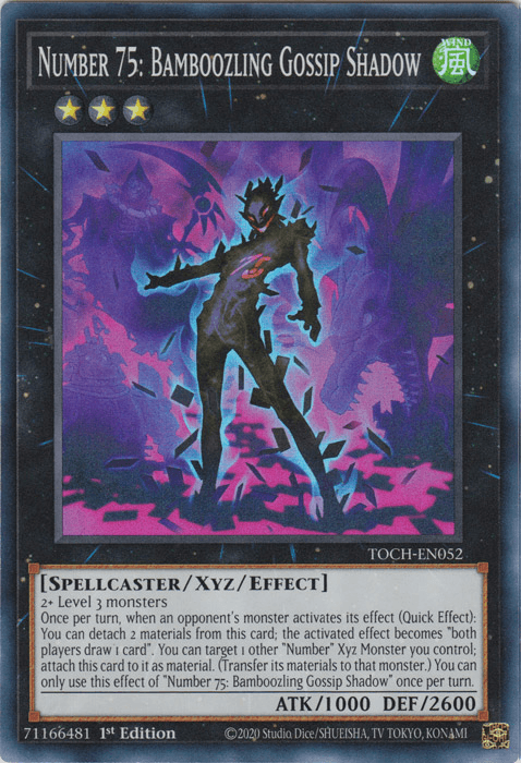 The image shows a Yu-Gi-Oh! trading card titled "Number 75: Bamboozling Gossip Shadow [TOCH-EN052] Super Rare." This Super Rare card from the Toon Chaos series features an eerie, shadowy figure with glowing eyes against a purple and blue background. The Xyz/Effect Monster has 1000 attack points and 2600 defense points.