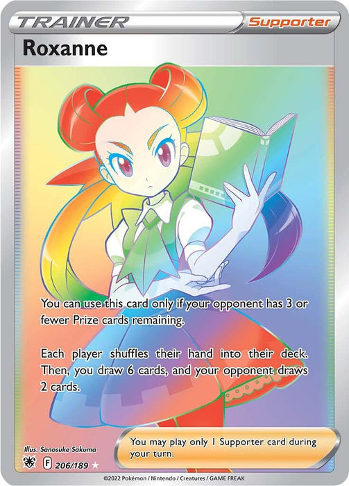 A holographic Pokémon Trainer card from the Sword & Shield series, Roxanne (206/189) [Sword & Shield: Astral Radiance] by Pokémon, features Roxanne, a character with colorful hair styled in large buns, wearing a green and white outfit. She's holding a book and pen. The card details specific rules for gameplay. The border and background are shiny, with a rainbow gradient.