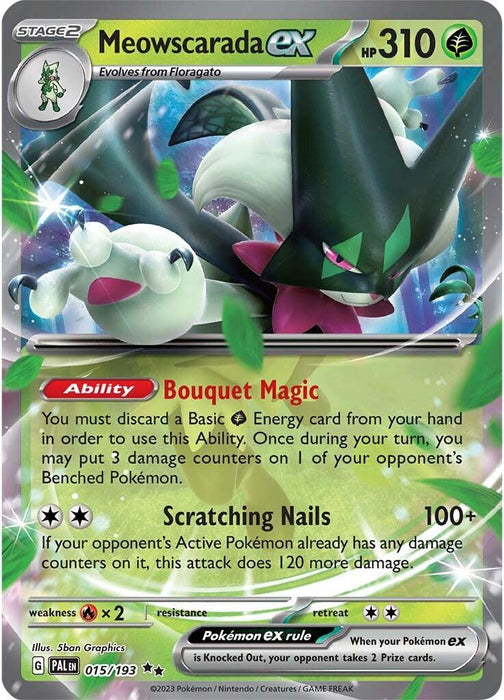 A Pokémon Meowscarada ex (015/193) [Scarlet & Violet: Paldea Evolved] card features a green and black cat-like creature poised for action, straight from the Scarlet & Violet: Paldea Evolved series. With 310 HP, it boasts abilities like "Bouquet Magic" and "Scratching Nails." This Double Rare card is adorned with shiny, holographic elements and the Pokémon logo on the top-left corner.