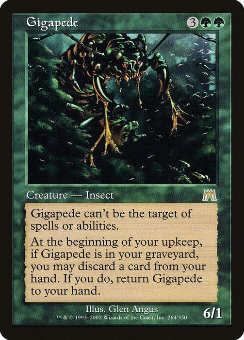 A Magic: The Gathering product titled "Gigapede [Onslaught]" from the Onslaught set. It costs 3 forest/green mana plus 2 generic mana to play. The artwork shows a large, menacing Creature Insect with multiple legs and sharp fangs emerging from dark vegetation. With shroud and graveyard mechanics, this 6/1 powerhouse by artist Glen Angus is card number 264.