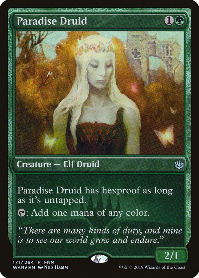 The image showcases a "Paradise Druid (FNM)" Magic: The Gathering card from War of the Spark Promos. It features a mystical female elf druid adorned with a flower crown in a serene forest setting. The card text grants the druid hexproof when untapped and the ability to add one mana of any color. This green Creature Elf Druid has stats of 2/1.