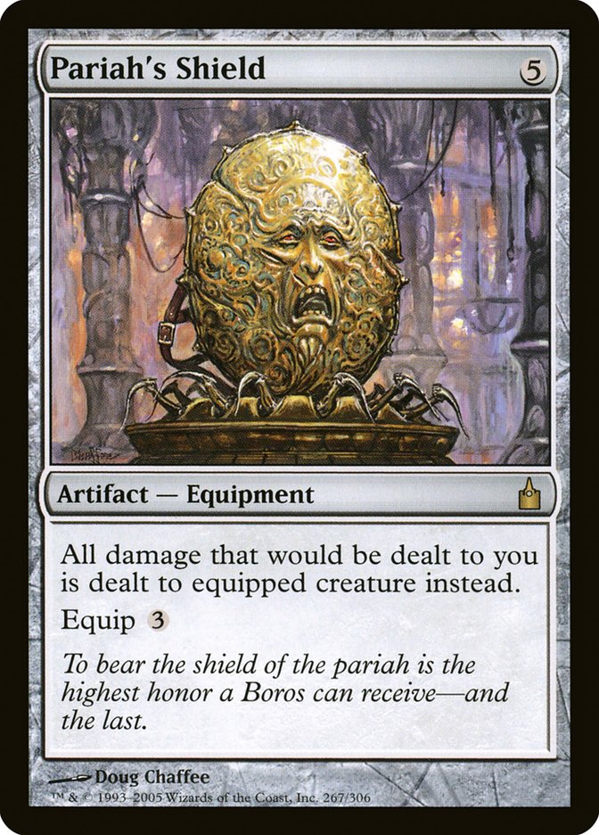 The Magic: The Gathering card "Pariah's Shield" from the Ravnica: City of Guilds collection features a golden shield with a distressed face, set in a dimly lit industrial backdrop. This Artifact — Equipment, which can be equipped for 3 mana, redirects damage to the equipped creature rather than to the player.