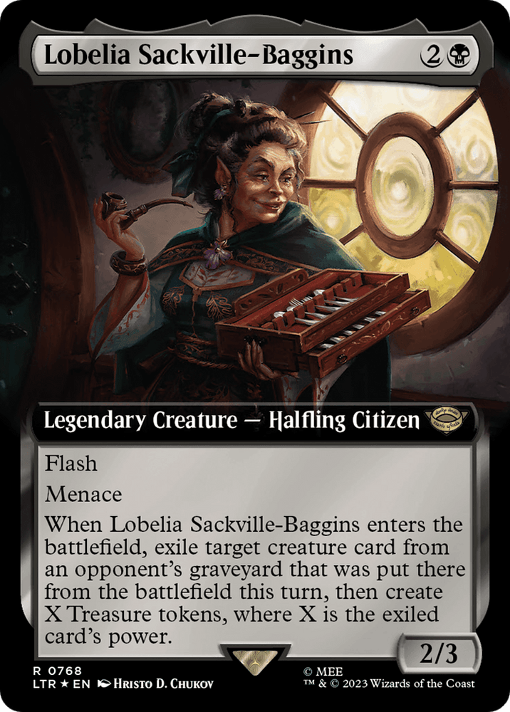 A Rare Magic: The Gathering card from The Lord of the Rings: Tales of Middle-Earth featuring Lobelia Sackville-Baggins, a Legendary Creature—Halfling Citizen. The card costs 2 colorless and 1 black mana, has 2 power and 3 toughness, Flash, Menace, and an ability that creates treasure tokens. Artwork by Hristo Chukov.

Product Name: Lobelia Sackville-Baggins (Extended Art) (Surge Foil) [The Lord of the Rings: Tales of Middle-Earth]  
Brand Name: Magic: The Gathering