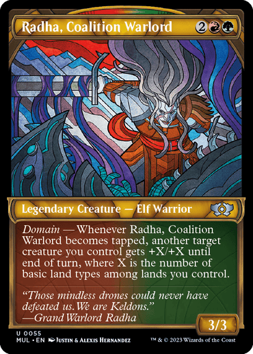 The Magic: The Gathering "Radha, Coalition Warlord" from Multiverse Legends depicts a Legendary Creature—an Elven warrior in armor with a spear, framed by stained glass. It includes mana cost, tapping abilities, and flavor text about overcoming drones.