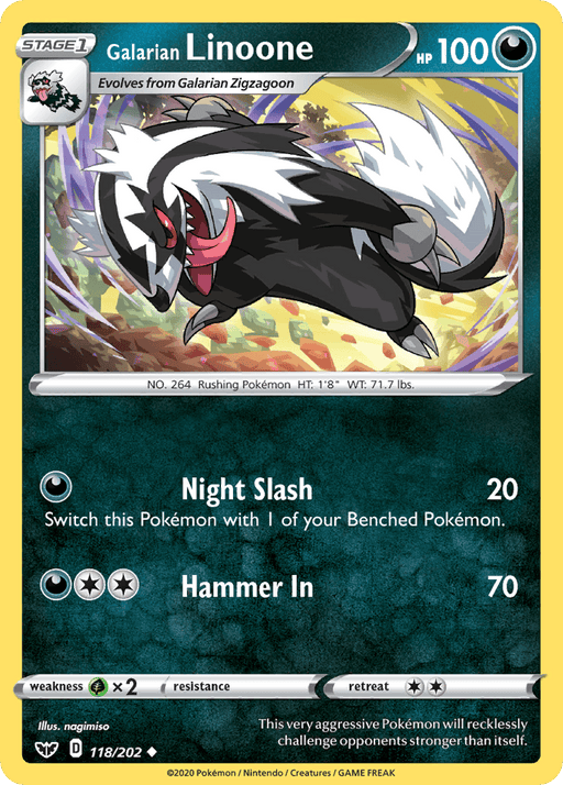 Pokémon Galarian Linoone (118/202) [Sword & Shield: Base Set] card featuring Galarian Linoone with 100 HP. This uncommon card shows a black-and-white striped, badger-like creature with red eyes and claws in an action pose. It includes stats and moves: Night Slash (20 damage) and Hammer In (70 damage). Card number: 118/202.
