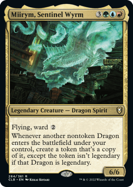 Image of a Magic: The Gathering card named "Miirym, Sentinel Wyrm [Commander Legends: Battle for Baldur's Gate]" from Magic: The Gathering. The card is a Legendary Creature - Dragon Spirit with flying and ward 2 abilities. With a casting cost of 3 colorless, 1 red, 1 green, and 1 blue mana, it boasts a power and toughness of 6/6. The art depicts a