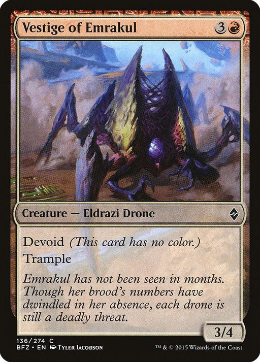 A **Magic: The Gathering** card titled "**Vestige of Emrakul [Battle for Zendikar]**" from the Battle for Zendikar set. Illustrated by Tyler Jacobson, it depicts an Eldrazi Drone with a spider-like form and purple, spiky limbs. The card features a mana cost of 3 generic and 1 red, power/toughness of 3/4, and abilities Devoid and Trample.