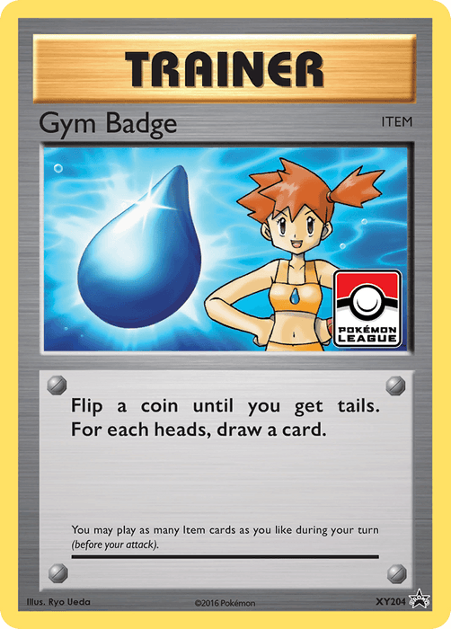 A Pokémon trading card titled "Gym Badge (XY204) (Misty)" from the XY: Black Star Promos series, featuring an item called "Gym Badge." The card displays an illustration of a blue water droplet badge and a girl with orange hair in a blue tank top with a white star, pendant, and red wristband. The text reads: "Flip a coin until you get tails. For each heads, draw a card.