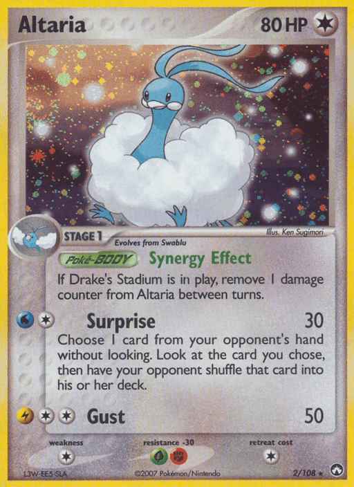 A Pokémon Altaria (2/108) [EX: Power Keepers] featuring Altaria, a dragon-bird-like creature with fluffy white cloud-like wings. It has 80 HP, is a Stage 1 Colorless card that evolves from Swablu, and includes the Synergy Effect Ability, and Surprise and Gust attacks. The Holo Rare card is illustrated by Ken Sugimori and is numbered 2/108 in the EX: Power Keepers set by Pokémon.