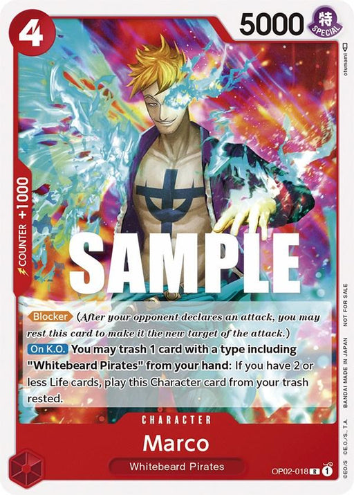 A trading card titled "Marco (Promotion Pack 2023) [One Piece Promotion Cards]" from Bandai. The card features a vibrant illustration of a blond man with blue flames on his shoulders, wearing an open jacket. This rare character card has stats including 5000 power, 4 cost, and special abilities like "Blocker" and "On K.O." The word "SAMPLE" is overlaid.