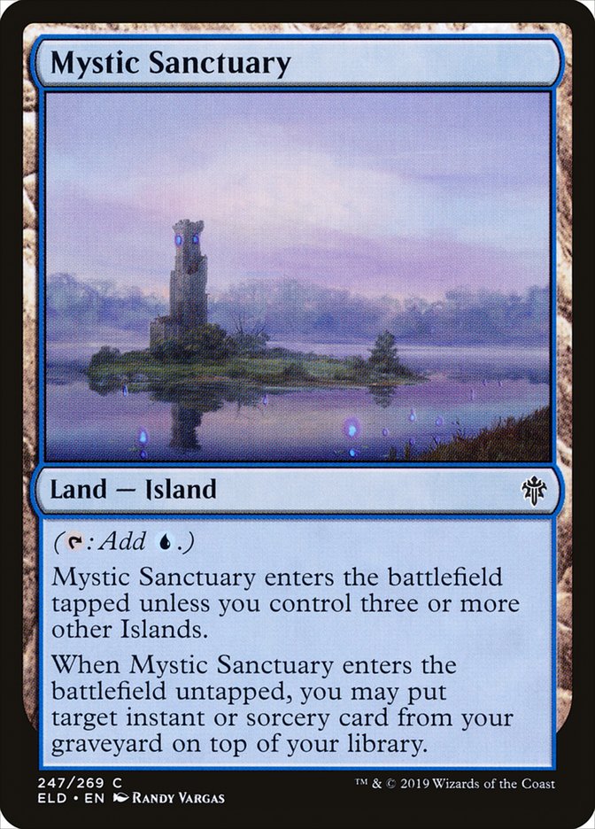 Mystic Sanctuary [Throne of Eldraine] is a land card from Magic: The Gathering, subtype "Island." It features an illustration of a mystical island with a tall, ancient structure on a violet-hued lake under a hazy sky. The card details its in-game abilities related to adding mana and manipulating the graveyard.