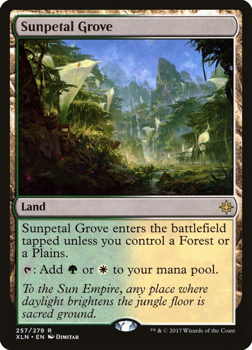 Sunpetal Grove [Ixalan], a Magic: The Gathering card, is a Land card showcasing a luminous, enchanted forest with sunlit trees and vibrant foliage. Its text details special abilities for generating green or white mana, while the collector's information rests at the bottom.
