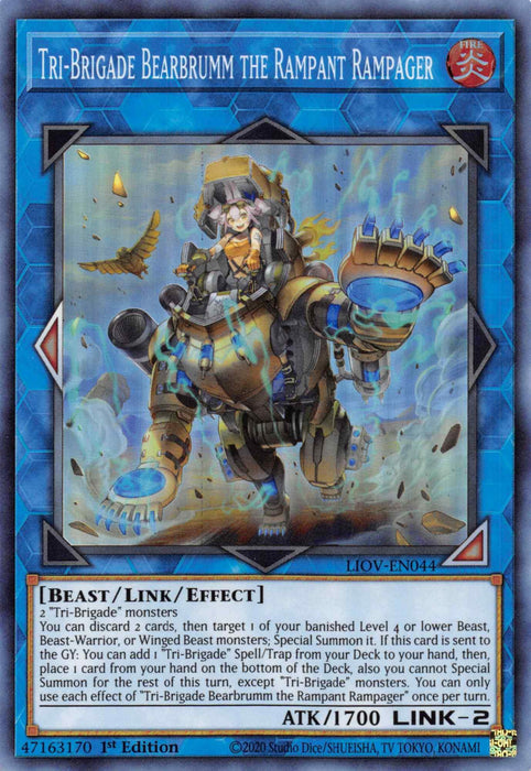A Yu-Gi-Oh! trading card named "Tri-Brigade Bearbrumm the Rampant Rampager [LIOV-EN044] Super Rare," featuring a beast-like creature with explosive weaponry and mechanical armor. This Link/Effect Monster has a blue background, detailing its Beast/Link type, 1700 ATK value, and Link-2 rating.