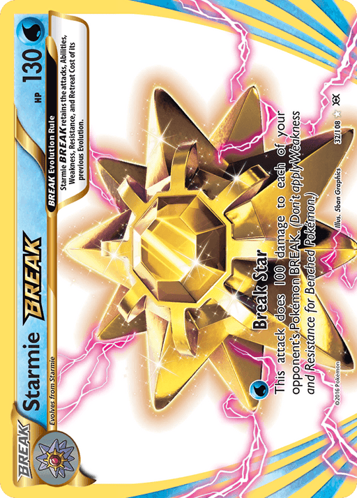 An image of a Pokémon trading card featuring Starmie BREAK (32/108) [XY: Evolutions] from the Pokémon set. The card showcases a shiny, geometric Starmie with golden and pink hues. With 130 HP, it boasts the move "Break Star," dealing 100 damage to each of the opponent's BREAK Pokémon. The Ultra Rare card has a holographic, flashy background.
