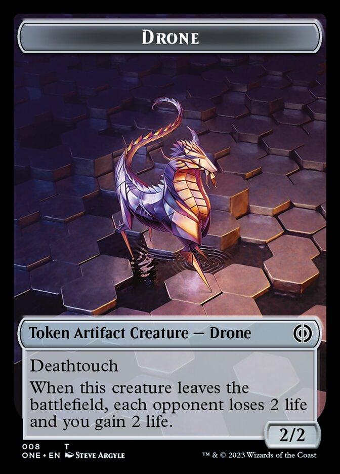 A card from Magic: The Gathering, titled "Phyrexian Mite (011) // Drone Double-Sided Token [Phyrexia: All Will Be One Tokens]," showcases an intricate mechanical dragon-like creature on a metallic hexagonal tile background. The 2/2 Token Artifact Creature has Deathtouch and the text: “When this creature leaves the battlefield, each opponent loses 2 life and you gain 2 life.”