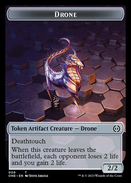 A card from Magic: The Gathering, titled "Phyrexian Mite (011) // Drone Double-Sided Token [Phyrexia: All Will Be One Tokens]," showcases an intricate mechanical dragon-like creature on a metallic hexagonal tile background. The 2/2 Token Artifact Creature has Deathtouch and the text: “When this creature leaves the battlefield, each opponent loses 2 life and you gain 2 life.”