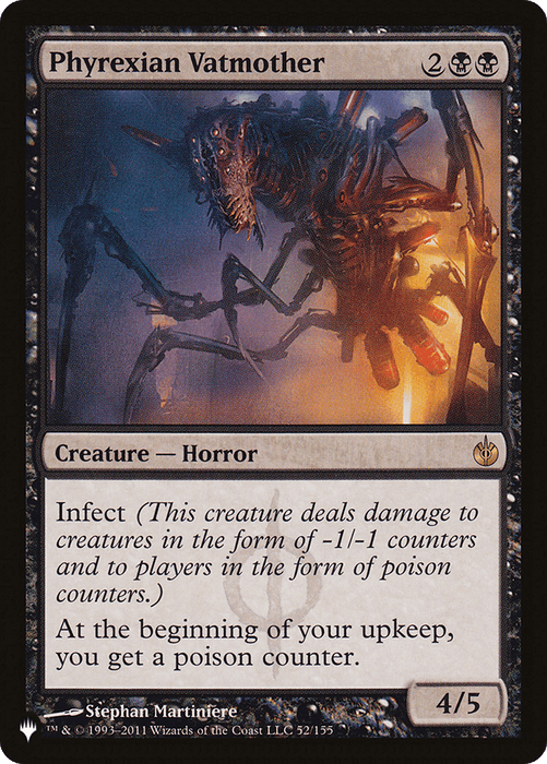 A "Phyrexian Vatmother [The List]" Magic: The Gathering card. This Rare Creature features a mechanical, spider-like Phyrexian Horror. Its text reads: "Infect. At the beginning of your upkeep, you get a poison counter." With power and toughness of 4/5, it costs 2 black mana and 2 generic mana to cast.