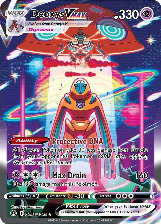 A Pokémon trading card depicts Deoxys VMAX (GG45/GG70) [Sword & Shield: Crown Zenith] with a Dynamax form and 330 HP from the Pokémon Sword & Shield Crown Zenith series. The Ultra Rare card features vibrant colors with Deoxys central, surrounded by a cosmic background. Key moves include "Max Drain" and the ability "Protective DNA." Additional details include type, resistances, and artist credit.