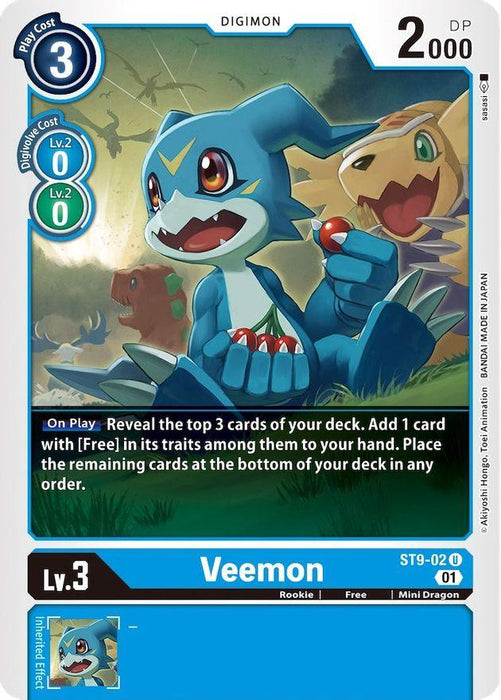 Image of a Digimon card from the *Starter Deck: Ultimate Ancient Dragon* featuring **Veemon [ST9-02] [Starter Deck: Ultimate Ancient Dragon]**. Veemon, a blue, bipedal Mini Dragon-like creature with white markings and red eyes, holds a digivice. The card shows a "Play Cost" of 3, "Digivolve Cost" of 0, 2000 DP, and level 3. Its effect.